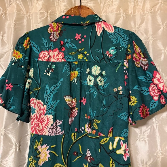 Anthropologie Maeve Green Floral & Bird Print Button-Front Midi Dress Wrap - Picture 8 of 15